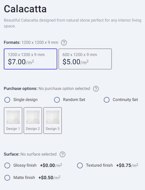 Marteu product page screenshot demonstrating tile formats in metric